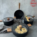 Load image into Gallery viewer, Neoflam Bien Black 7 Piece Induction Pots and Pans Set with Acacia Wood Handles