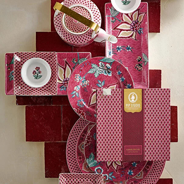 Pip Studio Flower Festival Kırmızı Porselen Pasta Tabağı 51001294