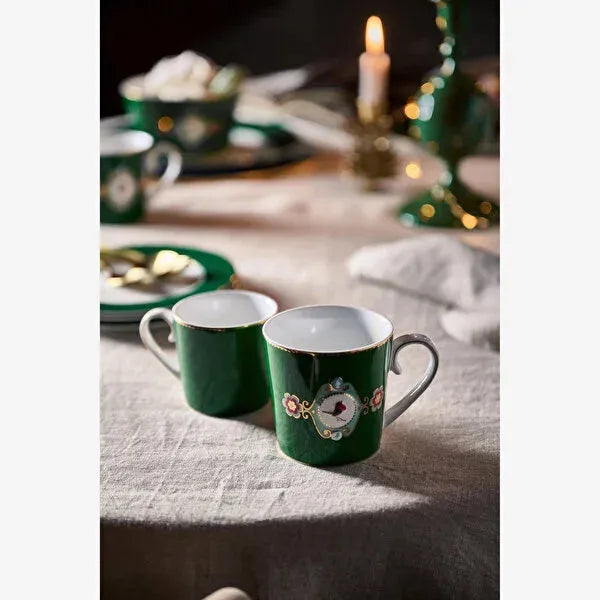 Koyu Yeşil Porselen Kupa 250 Ml Love Birds