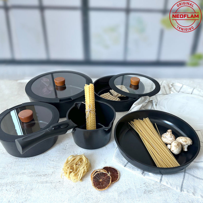Neoflam Midas Siyah 11 Parça Ayrılabilen Saplı İç İçe Geçebilen İndüksiyonlu Tencere Tava Seti